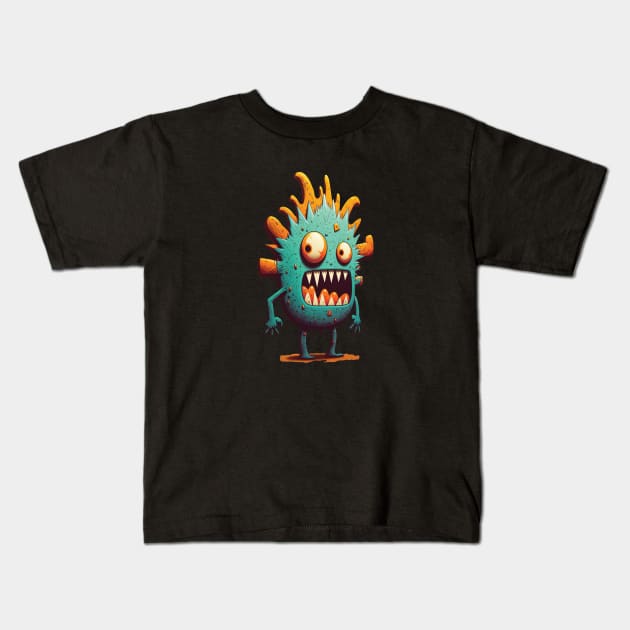 Teal and Orange Cute Monster Kids T-Shirt by RailoImage